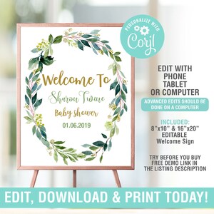Greenery Baby Shower Welcome Sign, Printable Baby Shower Sign, Baby ...