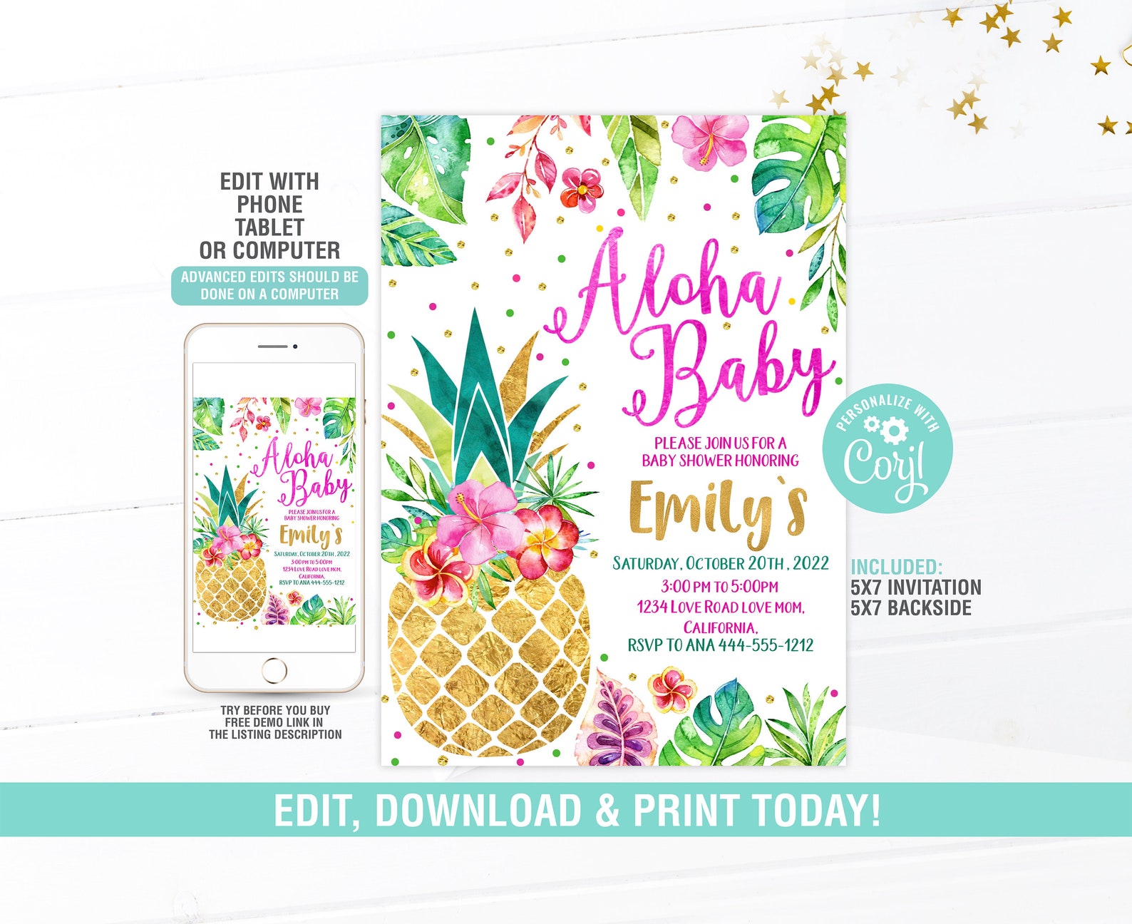 Aloha Baby Shower Invitation Bundle Editablealoha Baby Baby Etsy