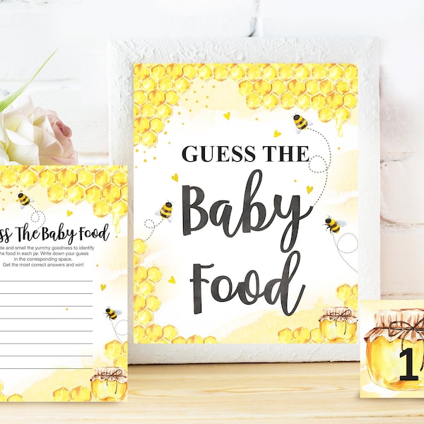 Guess the Baby Food Bee Game Sign and Cards PRINTABLE, Baby Food Game Guessing Game, Name The Baby Food, Baby Shower Game, Digital