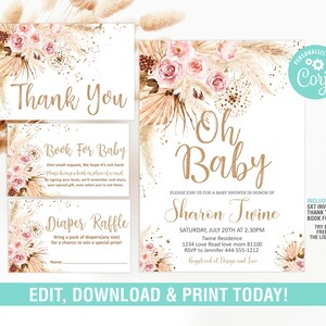Invitation de baby shower bohème, herbe de la pampa, invitation de baby shower, douche de Bohème tropicale imprimable, tombola de couches, demande de livre, imprimable