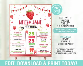 May include: A printable first birthday milestone poster featuring a strawberry theme. The poster is customizable with the child's name, age, weight, height, favorite foods, songs, books, and toys. The poster is 16 inches by 20 inches and is editable.