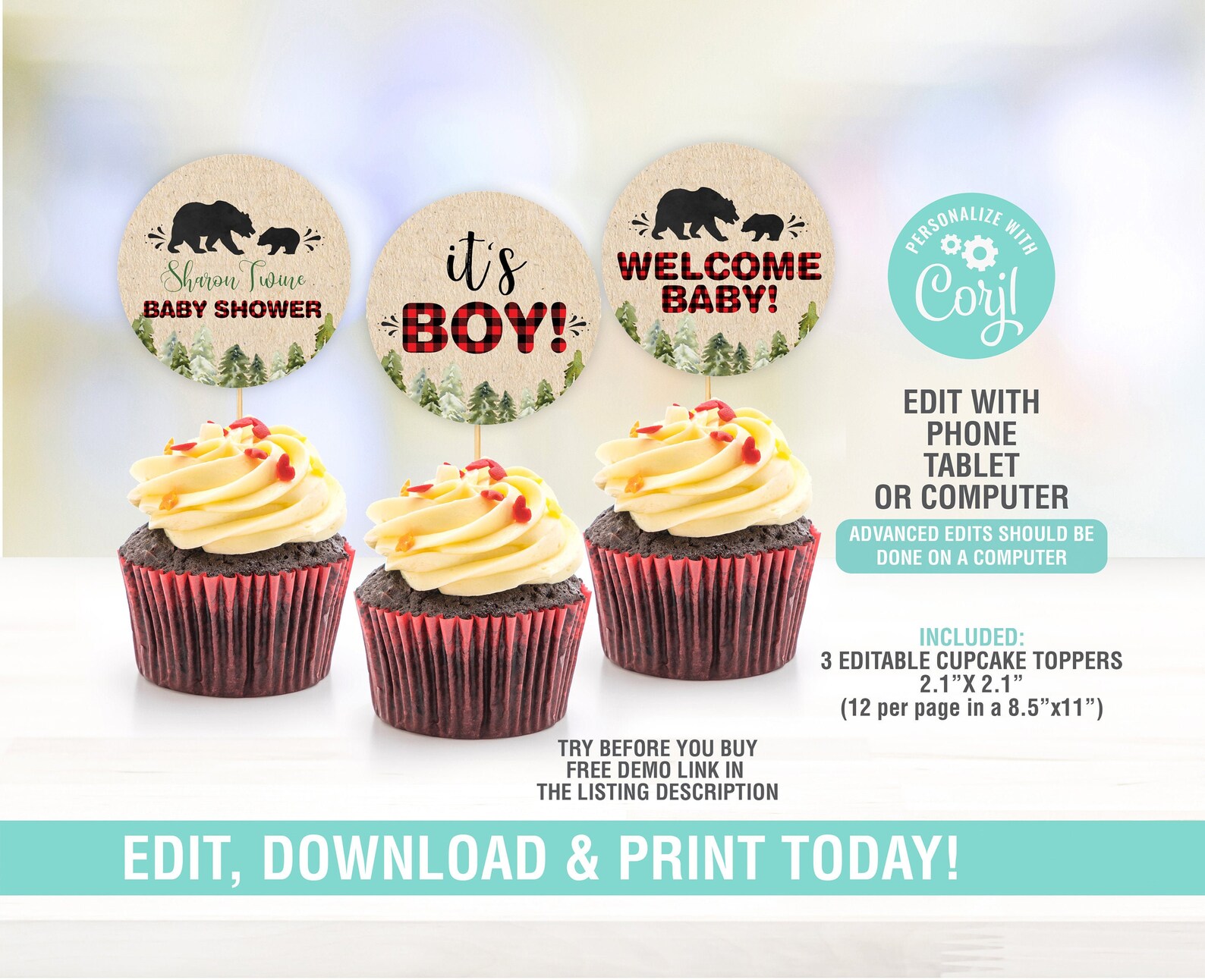 Lumberjack Cupcake Toppers EDITABLECupcake Toppers Buffalo | Etsy