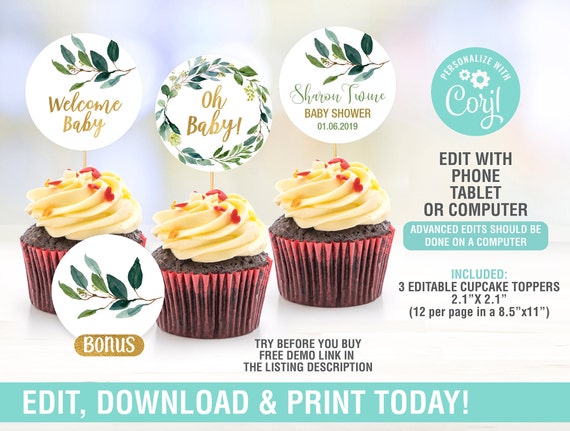 Greenery Cupcake Toppers Baby Shower Cupcake Toppers Botanical greenery-cupcake-toppers-baby-shower-cupcake-toppers-botanical