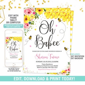 Editable Honey Bee Baby Shower Invitation , Oh Baby Shower Invite, Bee Theme Digital Invite, Instant Download