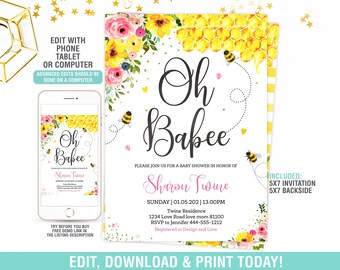 Editable Honey Bee Baby Shower Invitation , Oh Baby Shower Invite, Bee Theme Digital Invite, Instant Download