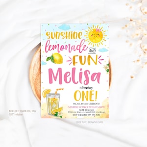 Sunshine Lemonade Birthday Invitation EDITABLE, Little Sunshine Birthday Invite, Lemon BirthDay Invitation , Digital, Instant Download