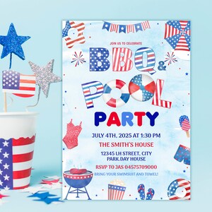May include: Invitation to a 4th of July BBQ and Pool Party. The invitation features a blue and red watercolor background with stars, fireworks, and pool floats. The text reads "Join us to celebrate BBQ & Pool Party" and includes the date, time, location, and RSVP information.