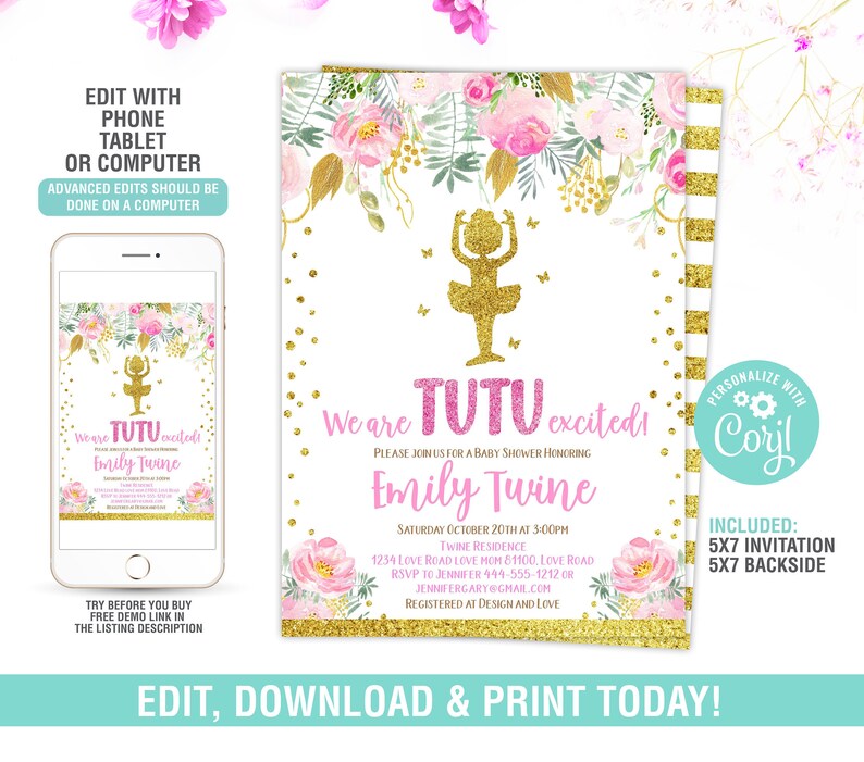 Ballerina Baby Shower Invitationtutu Party Invitationgirl Etsy