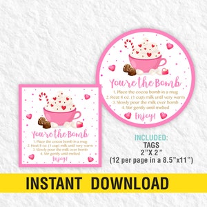 Hot Chocolate Bomb Tag PRINTABLE, Hot Cocoa Bomb Instructions Card, Valentine Gift Cocoa Label Tag Instant Download