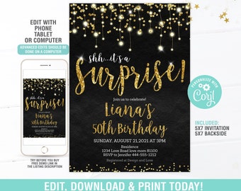Könnte beinhalten: Eine schwarze und goldene 5x7 Zoll druckbare Einladung zu einer Überraschungsparty zum 50. Geburtstag. Die Einladung enthält goldenen Glitzertext mit der Aufschrift "shh...it's a surprise!" und "Liana's 50th Birthday". Der Hintergrund ist schwarz mit goldenem Glitzerkonfetti.