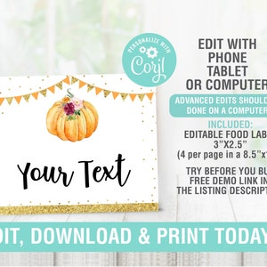 Pumpkin Tent Cards Editable, Food labels, Buffet Card , Place Card, Pumpkin Birthday Baby Shower Party Decor, Instant Download