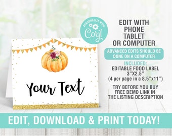 Pumpkin Tent Cards Editable, Food labels, Buffet Card , Place Card, Pumpkin Birthday Baby Shower Party Decor, Instant Download