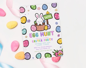 Easter egg Hunt Invitation,Party with Peeps, Editable Easter Bunny Invite, Gold Easter Egg, Easter Party Invite Template, Instant Download