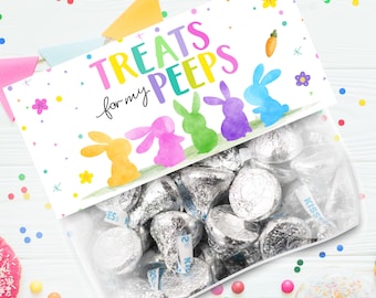 May include: A clear plastic bag filled with silver foil-wrapped chocolate kisses. The bag has a colorful label that says "Treats for my peeps" with a cartoon image of bunnies.