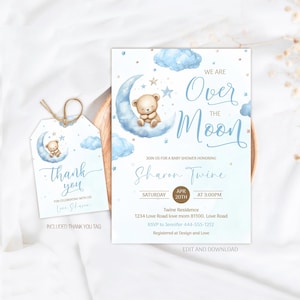 Babyshower-uitnodiging voor de maan bewerkbaar, teddybeer blauwe babyshower-uitnodiging, babyshower maan sterren uitnodiging sjabloon gunsttag