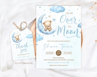 Over the moon baby shower invitation Editable, Teddy Bear Blue baby shower Invitation, Baby Shower Moon Stars Invitation Template Favor tag