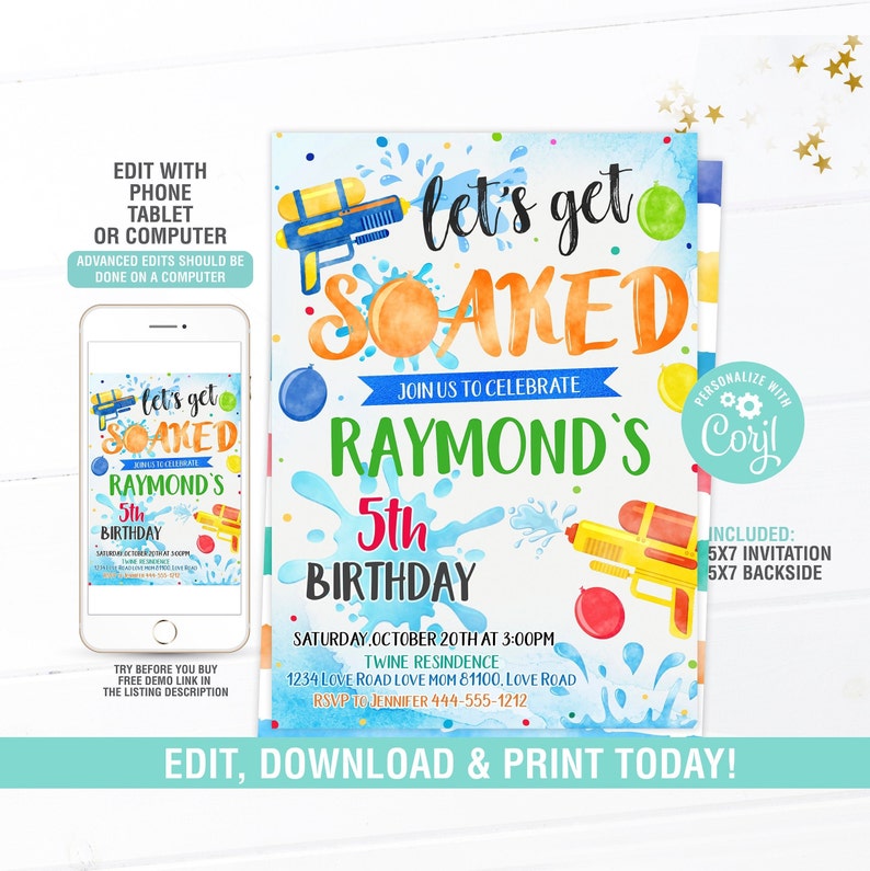 Water Gun Birthday Invitation EDITABLE Water Gun Birthday Etsy