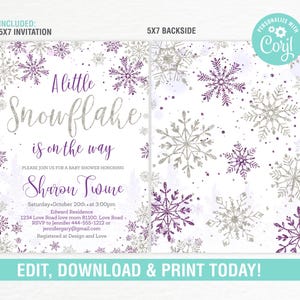 Winter-Babyparty-Einladung EDITIERBAR, eine kleine Schneeflocke ist auf dem Weg Invite, Purple Girl Winter Shower Invite Printable Bild 2