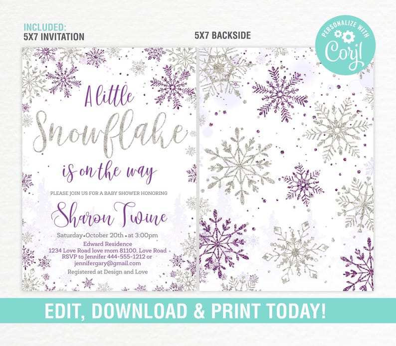 Winter-Babyparty-Einladung EDITIERBAR, eine kleine Schneeflocke ist auf dem Weg Invite, Purple Girl Winter Shower Invite Printable Bild 2