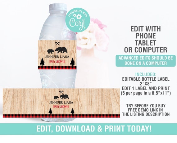 Lumberjack Water Bottle, Buffalo Plaid Baby Shower, Lumberjack Bottle Labels, Printable Black ...