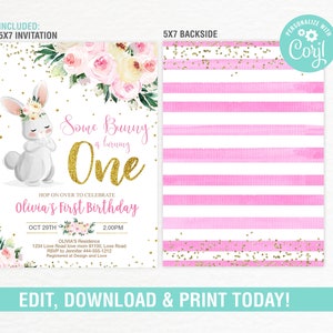 Editable Bunny Invitation,Some Bunny Party,Easter Birthday Invite,Rabbit invitation,Floral Bunny Invitation,Instant download image 2