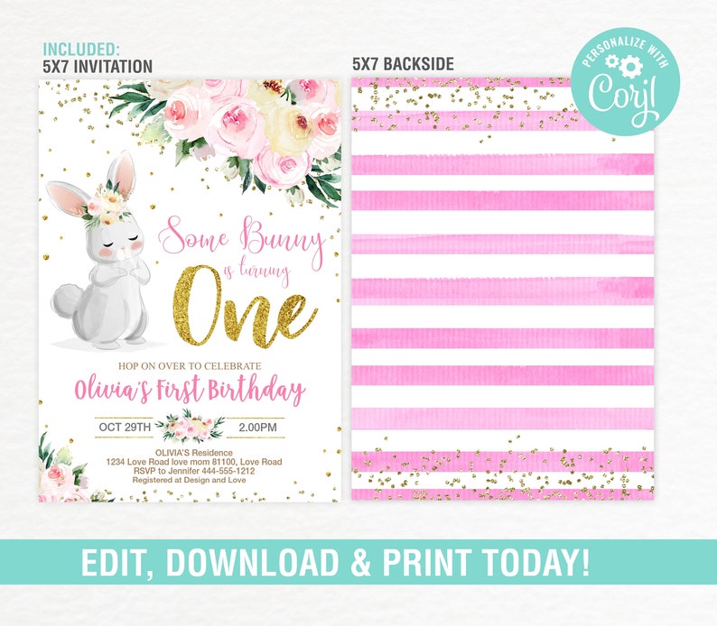 Editable Bunny Invitation,Some Bunny Party,Easter Birthday Invite,Rabbit invitation,Floral Bunny Invitation,Instant download image 2