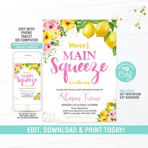 Mamas Main Squeeze Lemon Baby Shower Einladung EDITIERBAR, Lemon Floral Baby Shower Invite, Digital, Instant Download