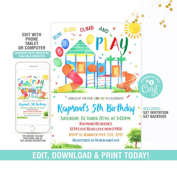 Playground Birthday Invitation EDITABLE, Park Party Invitation, Outdoor Party Invite, Instant Download