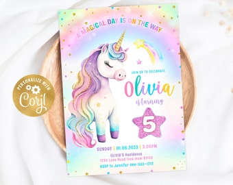 Invitación de cumpleaños de unicornio editable cualquier edad Fiesta de unicornio Fiesta mágica Invitar plantilla de invitación de unicornio mágico Descarga digital