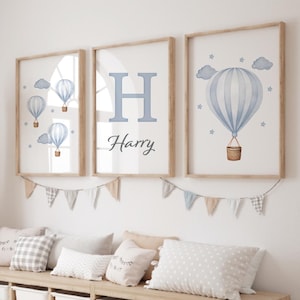 Conjunto de 3 estampas para meninos, estampas de balões de ar quente, arte de parede para berçário de balões de ar quente, estampa azul-bebê, estampa de quarto de meninos, sala de jogos, para impressão