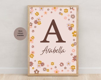 Personalised Name Print Wildflower | Floral Initial | Nursery Decor Girl | Baby Gift Girl | Girl Bedroom | Pink | Boho Room | Playroom Print
