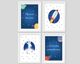 Nursery Prints, Set of 4 Space Prints, Astronaut, Moon, Galaxy, Stars, Nursery Decor, Blue, Baby Boy, Baby Shower Gift, Space Themed Nursery