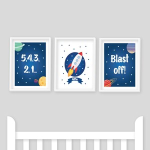 Nursery Prints, Set of 3 Space Rocket Prints, Moon, Galaxy, Stars, Nursery Decor, Blast Off, Kids Room Art, Baby Shower Gift, Personalised