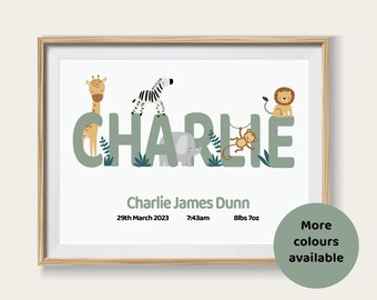 Safari Name Print, Personalised Sage Green, Animal Print, Nursery Print, Kids Bedroom, Jungle Style, Boho Style, New Baby Gift, Boy Girl