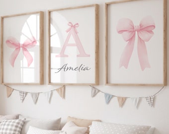 Set of 3 Bow Nursery Prints, Personalized Name, Pink Wall Art