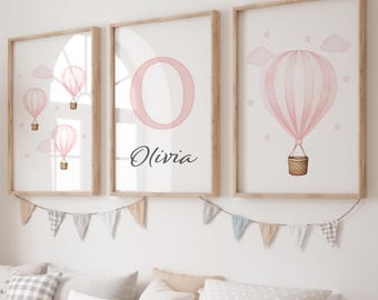 Hot Air Balloon Nursery Prints, Set of 3, Pink Bedroom Decor