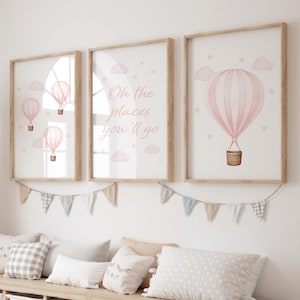 Set di 3 stampe per ragazze, stampe di mongolfiere, arte murale per la cameretta dei bambini con mongolfiere, stampa rosa, stampa per la camera da letto delle ragazze, sala giochi, stampabile, poster
