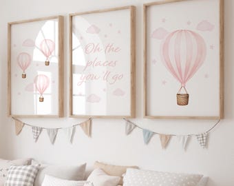 Set of 3 Girls Prints, Hot Air Balloon Prints, Hot Air Balloon Nursery Wall Art, Pink Print, Girls Bedroom Print Playroom, Printable, Poster