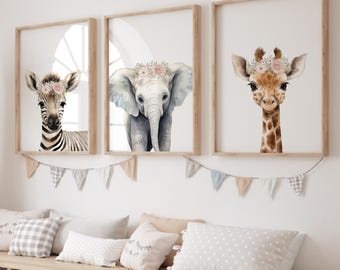 Floral Safari Animal Nursery Prints | Watercolor Zebra, Elephant, Giraffe (Digital Download)