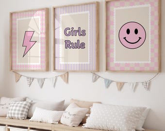 Set of 3 Girls Bedroom Prints, Pink & Purple Wall Decor Posters Retro Check Theme