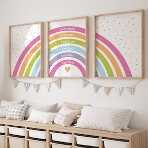 Conjunto de 3 estampas para meninas, estampas de afirmação para meninas, arte de parede para berçário com arco-íris, impressão "I am", impressão de nome personalizado, impressão para quarto de meninas, sala de jogos