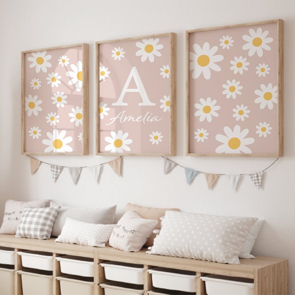 Ensemble de 3 imprimés Daisy Boho pour chambre de bébé | Nom et initiale personnalisées | Fleurs sauvages | Décoration chambre d'enfant | Cadeau bébé | Art mural floral | Rose