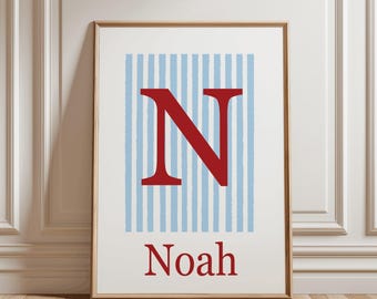 Personalised Boys Nursery Print, Name Initial Poster, Stripe Design (Digital Download option)