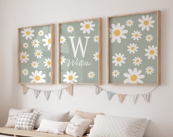 Daisy Nursery Print Set, Personalized Girl Name, Sage Green Floral Decor