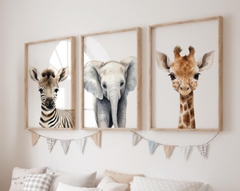 Personalised Safari Prints for Nursery, Set of 3, Jungle Animal Theme Nursery Decor, Gender Neutral Kids Wall Art, Boys Girls Pictures