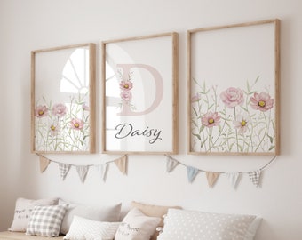 Wildflower Nursery Print Set, Personalized Name, Boho Floral Decor