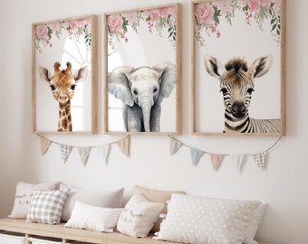 Safari Animal Nursery Prints, Pink Floral Decor, Set of 3
