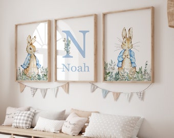 Ensemble d'impressions Peter Rabbit pour chambre d'enfant, bleu botanique, prénom personnalisé (option numérique)