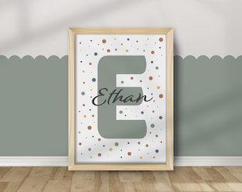 Personalized Polka Dot Initial Nursery Print, Earthy Jungle Colors