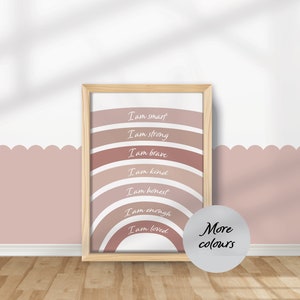 Mädchen Regenbogen Affirmation Druck, Kinder Poster, Kinderzimmer Spielzimmer Dekor, ich bin freundlich, neues Baby Geschenk, Taufe Geschenk